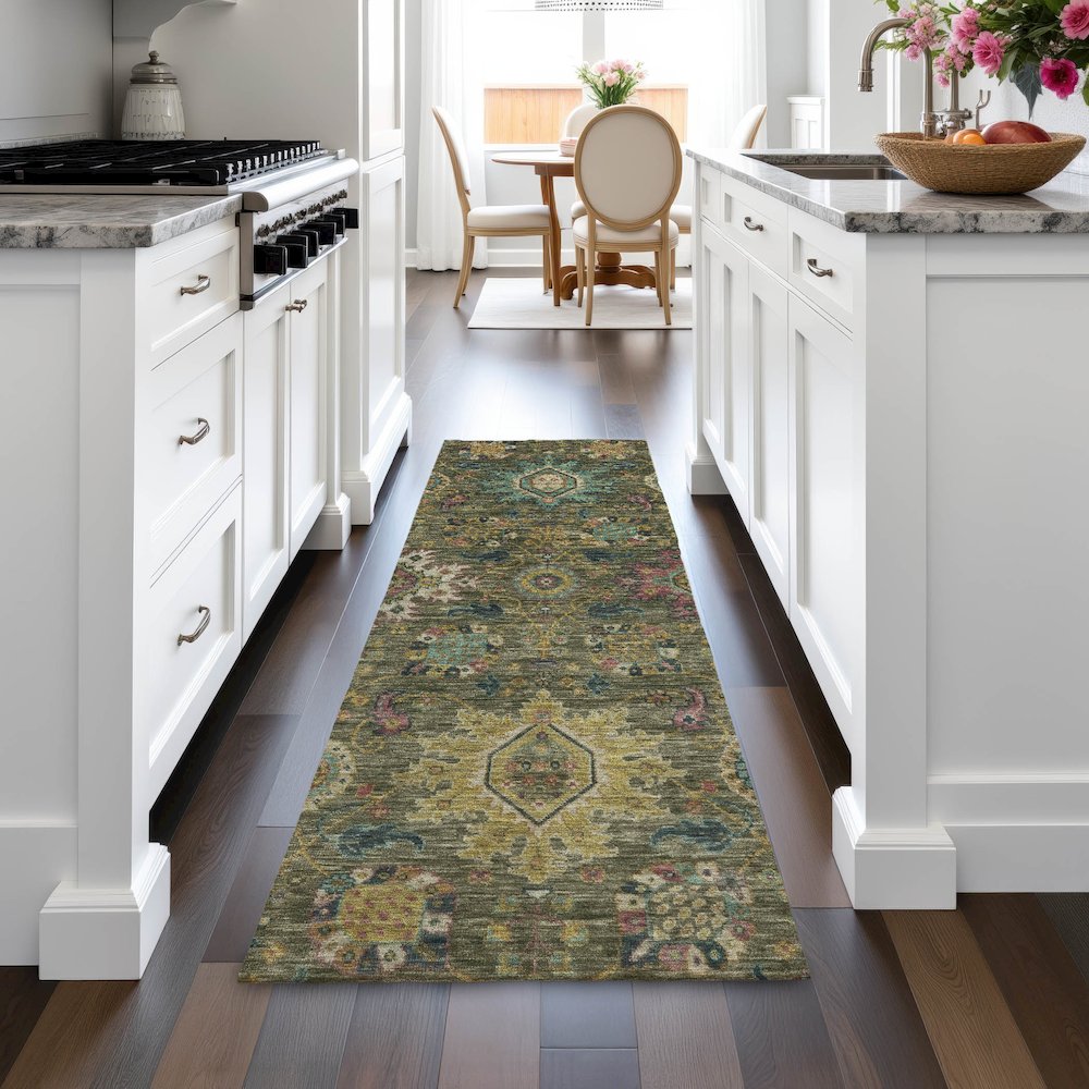 Machine Washable Indoor/Outdoor Chantille ACN2151 Olive 2'3" x 7'6" Runner Rug