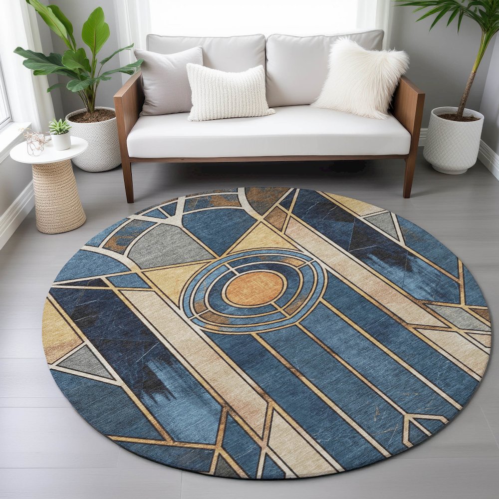 Machine Washable Indoor/Outdoor Chantille ACN2176 Blue 8' x 8' Round Rug