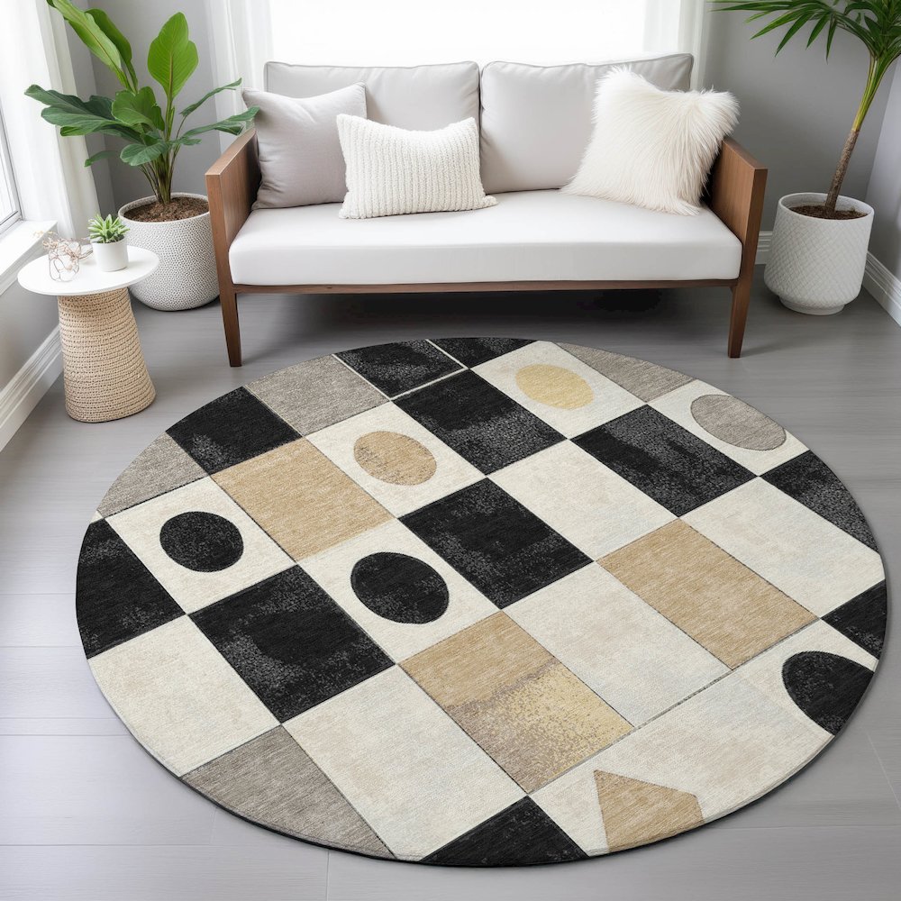 Machine Washable Indoor/Outdoor Chantille ACN2181 Black 8' x 8' Round Rug