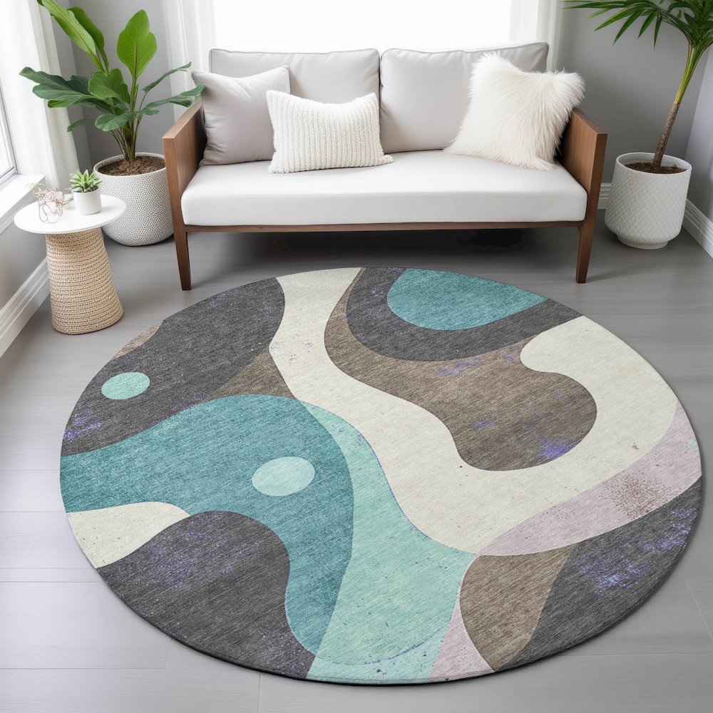 Machine Washable Indoor/Outdoor Chantille ACN2185 Teal 8' x 8' Round Rug