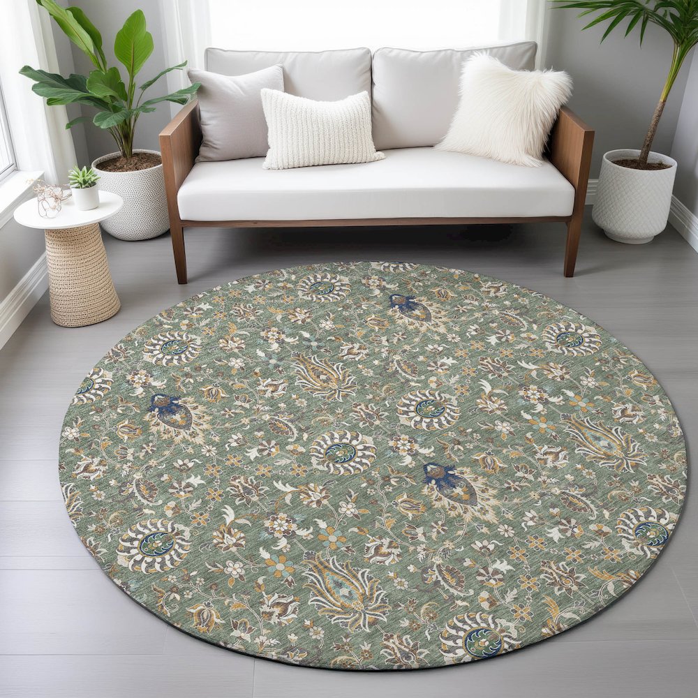 Machine Washable Indoor/Outdoor Chantille ACN2192 Green 8' x 8' Round Rug