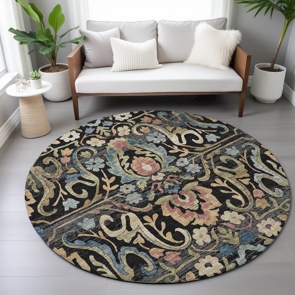 Machine Washable Indoor/Outdoor Chantille ACN2193 Black 8' x 8' Round Rug