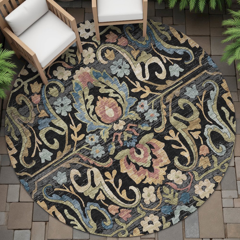 Machine Washable Indoor/Outdoor Chantille ACN2193 Black 8' x 8' Round Rug