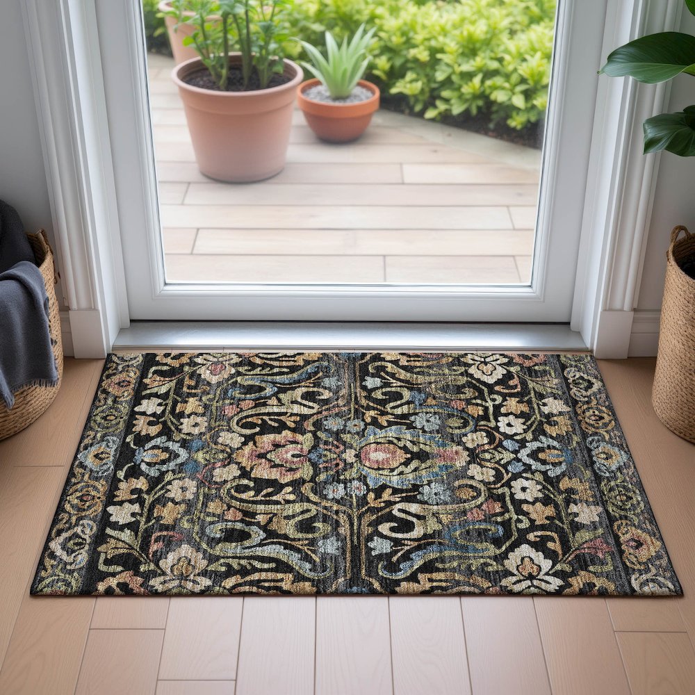 Machine Washable Indoor/Outdoor Chantille ACN2193 Black 1'8" x 2'6" Rug
