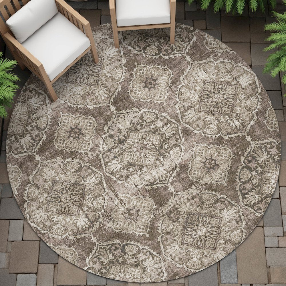 Machine Washable Indoor/Outdoor Chantille ACN2196 Chocolate 8' x 8' Round Rug