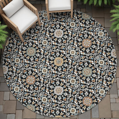 Machine Washable Indoor/Outdoor Chantille ACN2199 Black 8' x 8' Round Rug