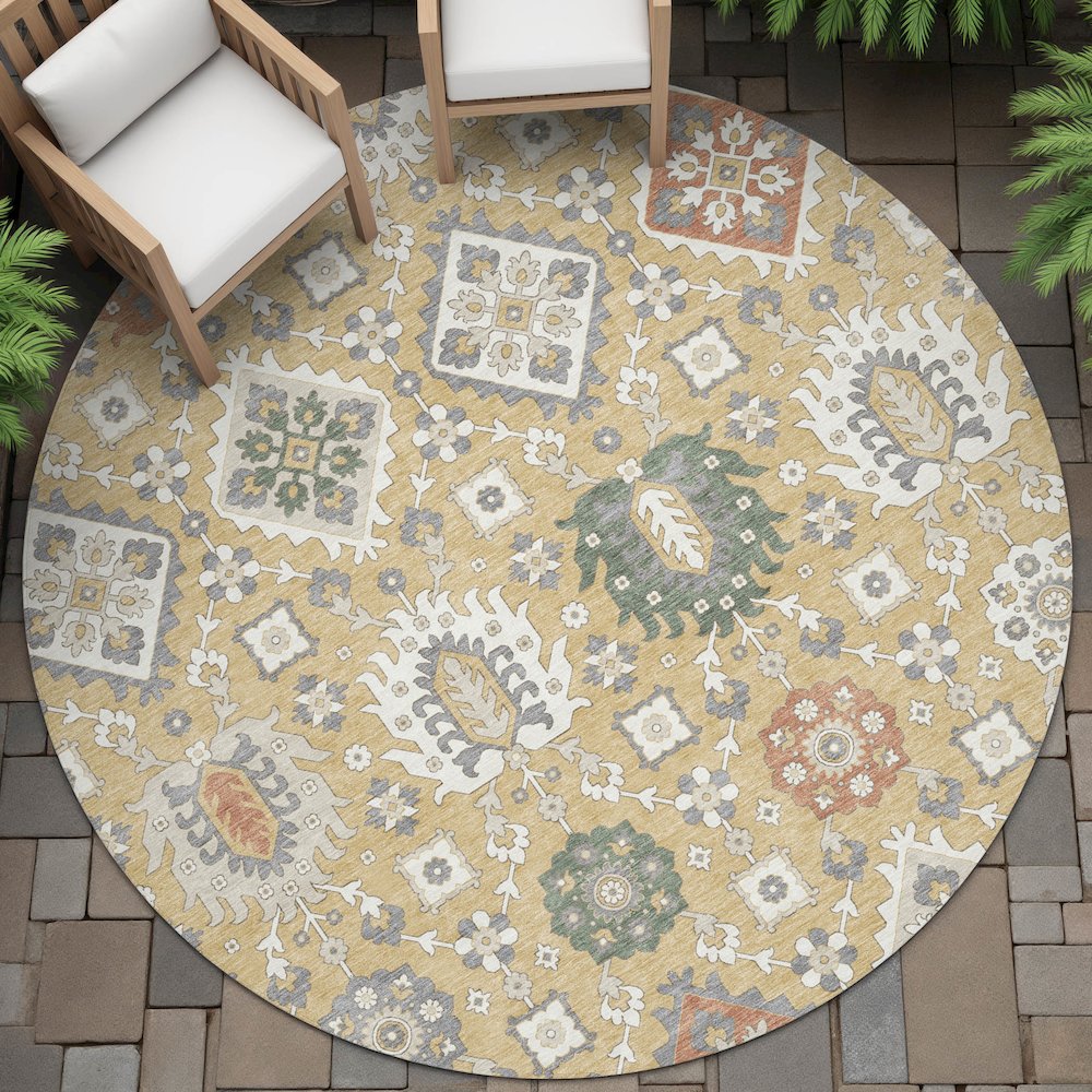 Machine Washable Indoor/Outdoor Chantille ACN2200 Gold 8' x 8' Round Rug