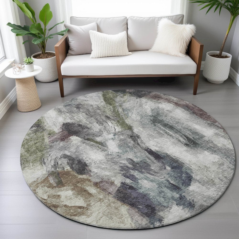 Machine Washable Indoor/Outdoor Chantille ACN2204 Gray 8' x 8' Round Rug