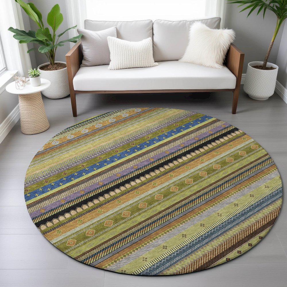 Machine Washable Indoor/Outdoor Chantille ACN2218 Olive 8' x 8' Round Rug