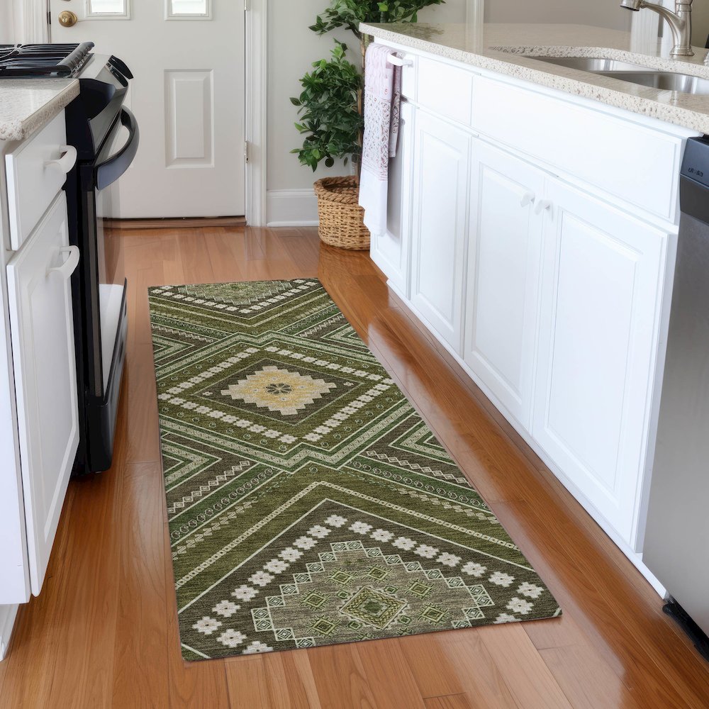 Premium Machine Washable Mayfield AMF1010 Olive 2'3" x 7'6" Runner Rug