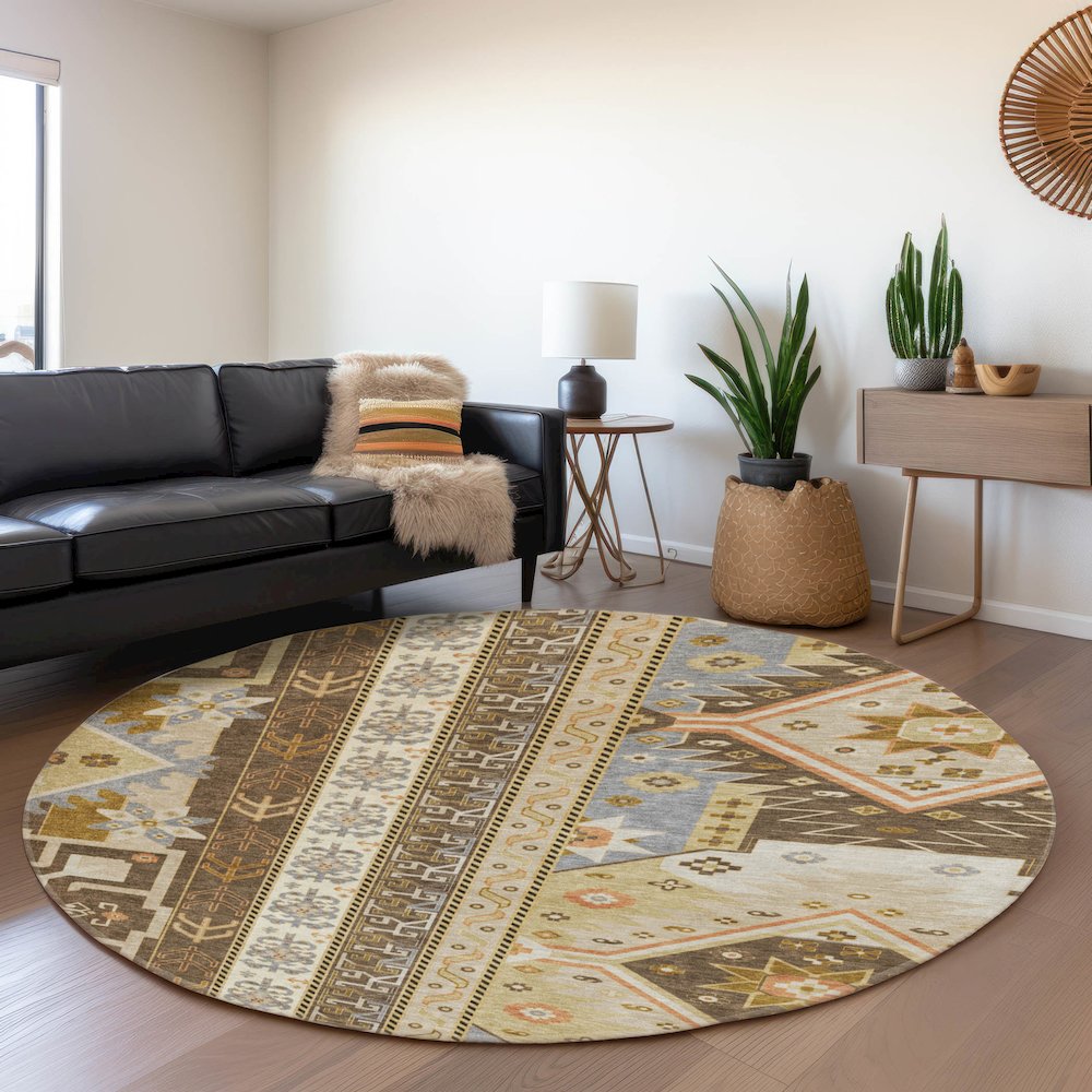 Premium Machine Washable Mayfield AMF1015 Brown 8' x 8' Round Rug