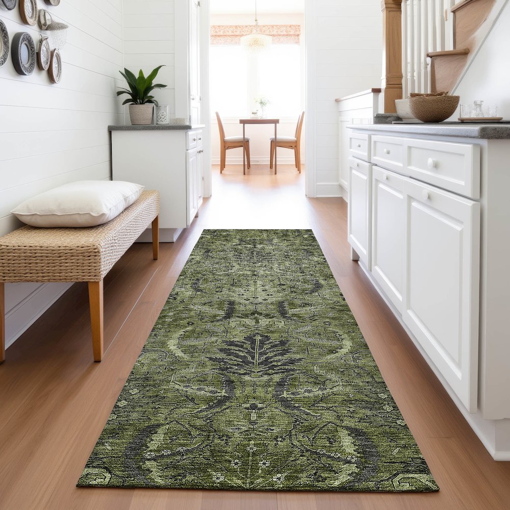 Premium Machine Washable Mayfield AMF1082 Olive 2'3" x 7'6" Runner Rug