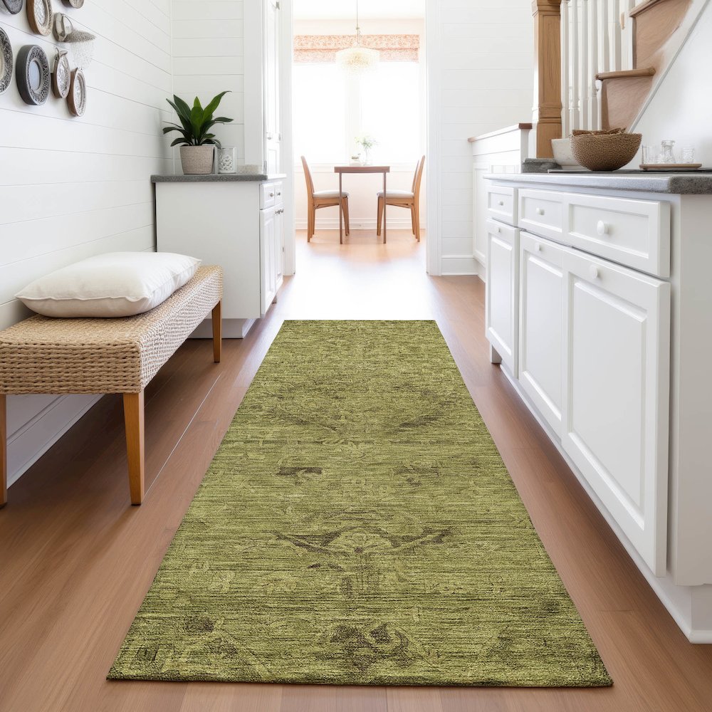 Premium Machine Washable Mayfield AMF1111 Olive 2'3" x 7'6" Runner Rug