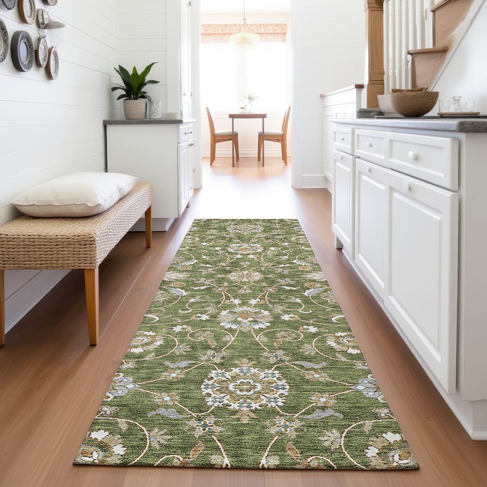 Premium Machine Washable Mayfield AMF1149 Olive 2'3" x 7'6" Runner Rug