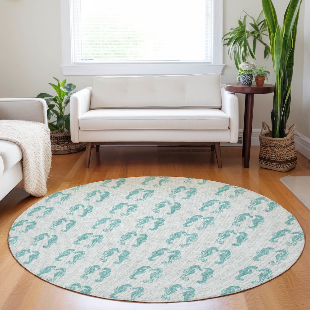 Premium Machine Washable Mayfield  Aqua 8' x 8' Round Rug