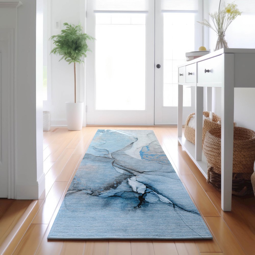 Premium Machine Washable Mayfield  Blue 2'3" x 7'6" Runner Rug