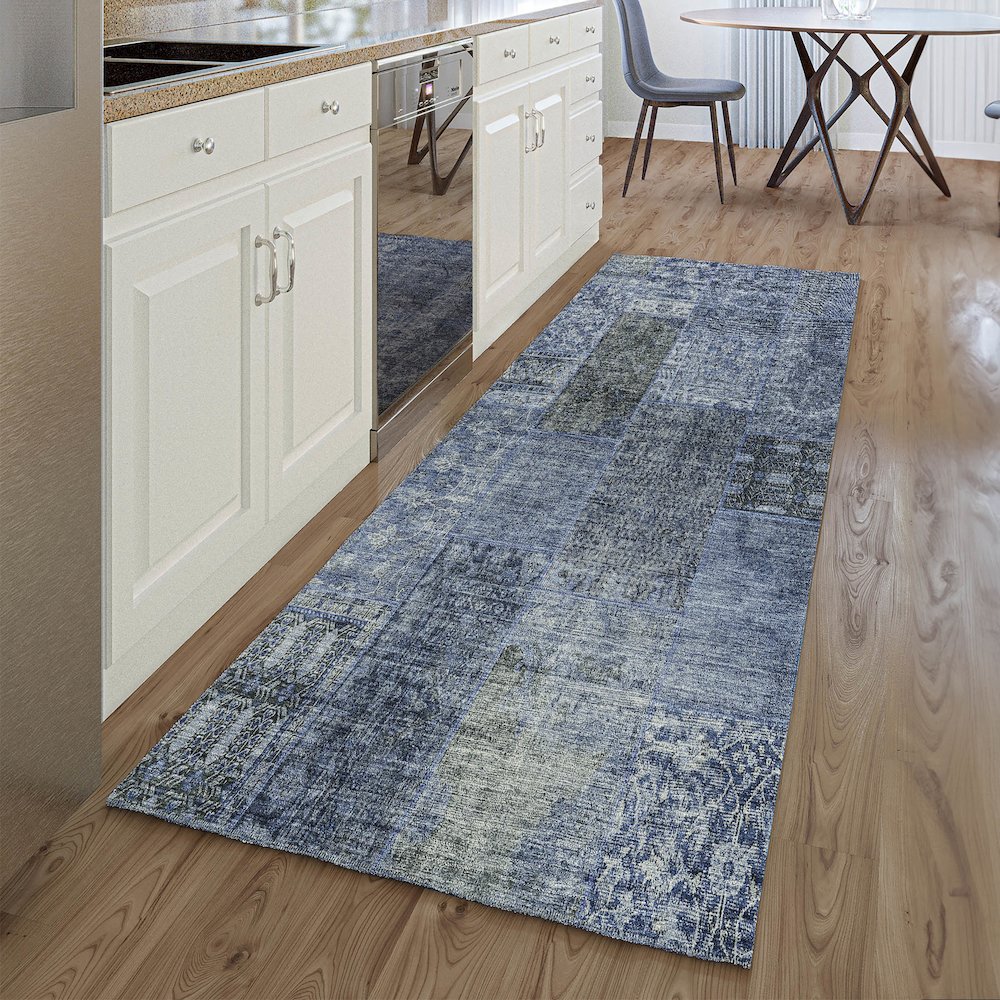 Premium Machine Washable Mayfield AMF669 Navy 2'3" x 7'6" Runner Rug