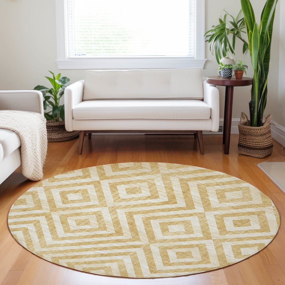 Premium Machine Washable Mayfield AMF733 Gold 8' x 8' Round Rug