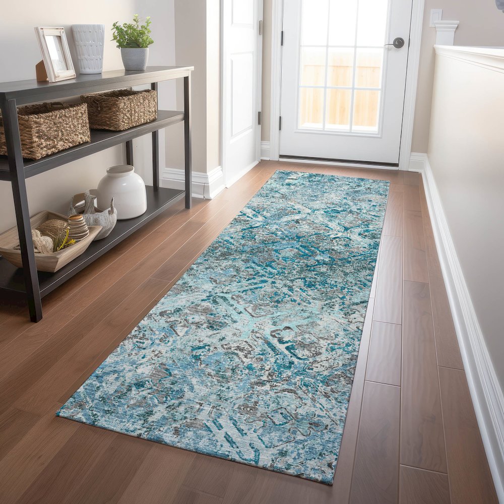 Premium Machine Washable Mayfield AMF768 Teal 2'3" x 7'6" Runner Rug
