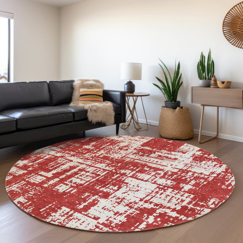 Premium Machine Washable Mayfield AMF895 Red 8' x 8' Round Rug