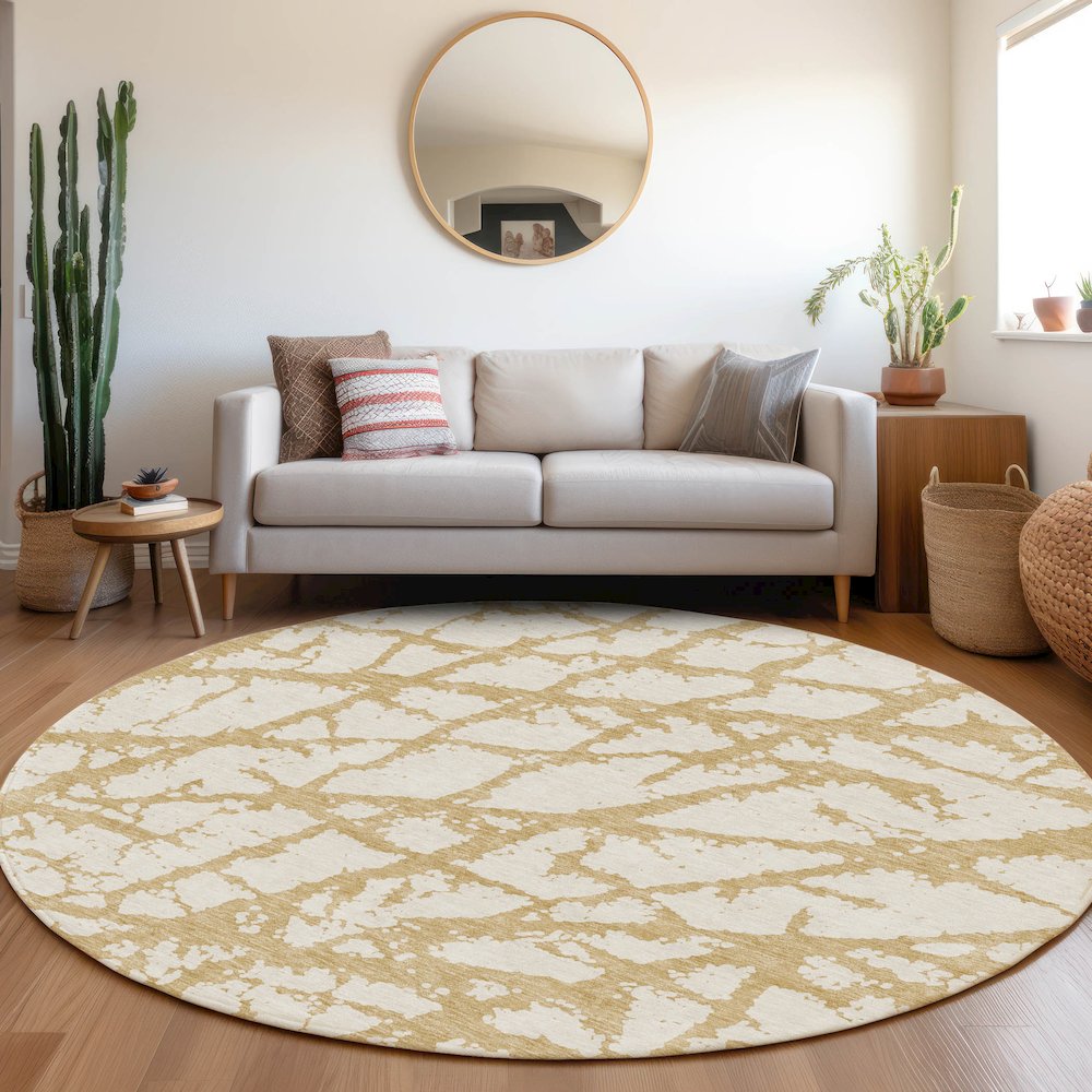 Premium Machine Washable Mayfield AMF972 Gold 8' x 8' Round Rug