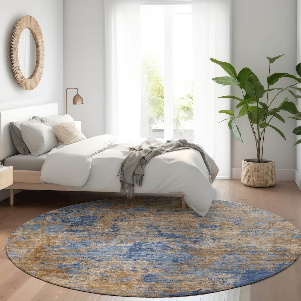 Luxury Washable Indoor/Outdoor Kochi Navy 8' x 8' Round Rug