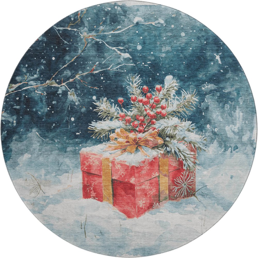 Luxury Washable Indoor/Outdoor Merry & Bright Blue 8' x 8' Round Rug
