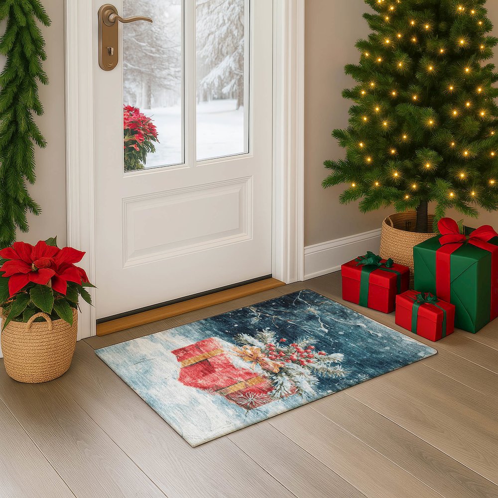 Luxury Washable Indoor/Outdoor Merry & Bright Blue 1'8" x 2'6" Rug