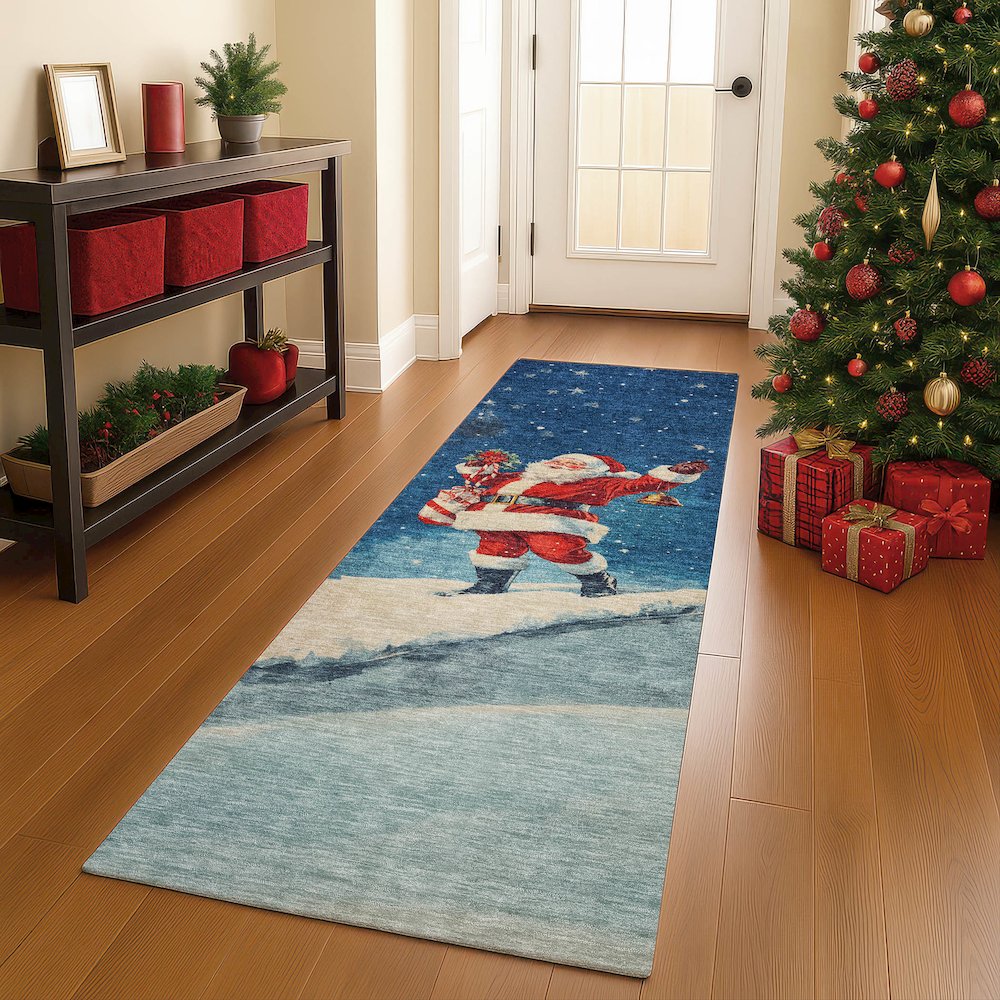 Luxury Washable Indoor/Outdoor Merry & Bright Blue 2'3" x 7'6" Runner Rug