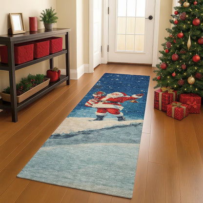 Luxury Washable Indoor/Outdoor Merry & Bright Blue 2'3" x 7'6" Runner Rug