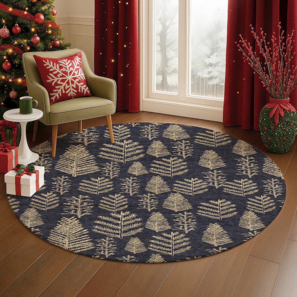 Luxury Washable Indoor/Outdoor Merry & Bright Black 8' x 8' Round Rug