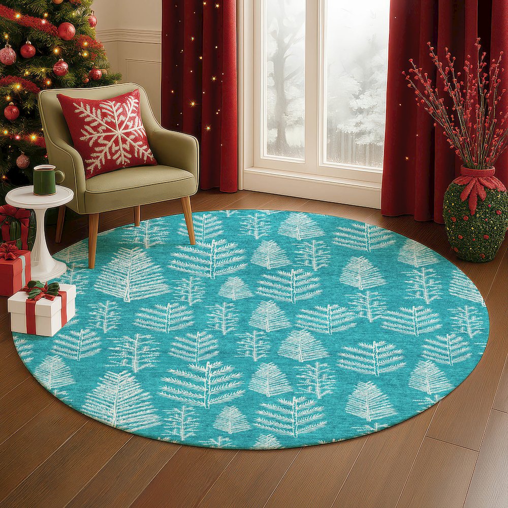Luxury Washable Indoor/Outdoor Merry & Bright Teal 8' x 8' Round Rug