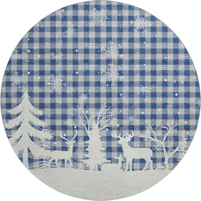 Luxury Washable Indoor/Outdoor Merry & Bright Blue 8' x 8' Round Rug