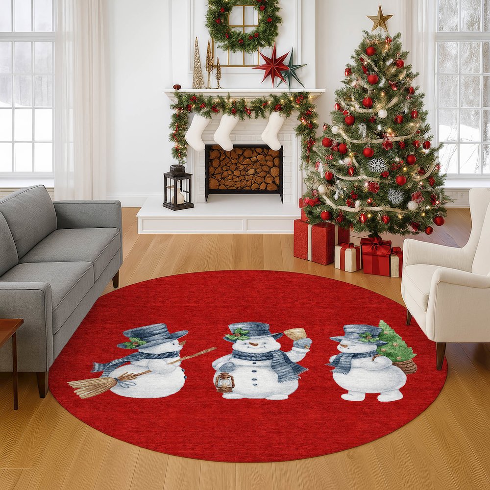 Luxury Washable Indoor/Outdoor Merry & Bright Red 8' x 8' Round Rug
