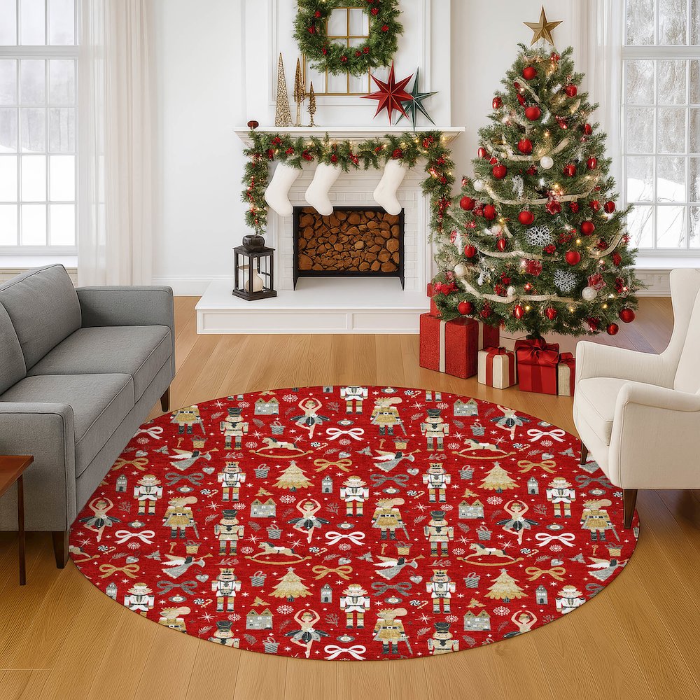 Luxury Washable Indoor/Outdoor Merry & Bright Red 8' x 8' Round Rug