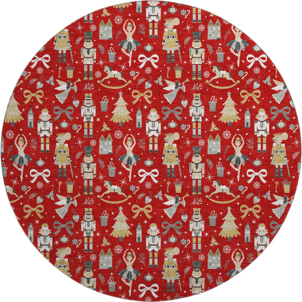 Luxury Washable Indoor/Outdoor Merry & Bright Red 8' x 8' Round Rug