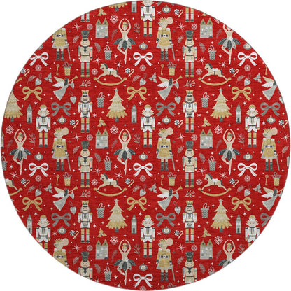 Luxury Washable Indoor/Outdoor Merry & Bright Red 8' x 8' Round Rug