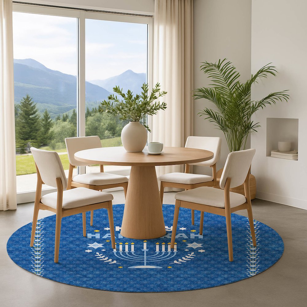 Luxury Washable Indoor/Outdoor Merry & Bright Blue 8' x 8' Round Rug