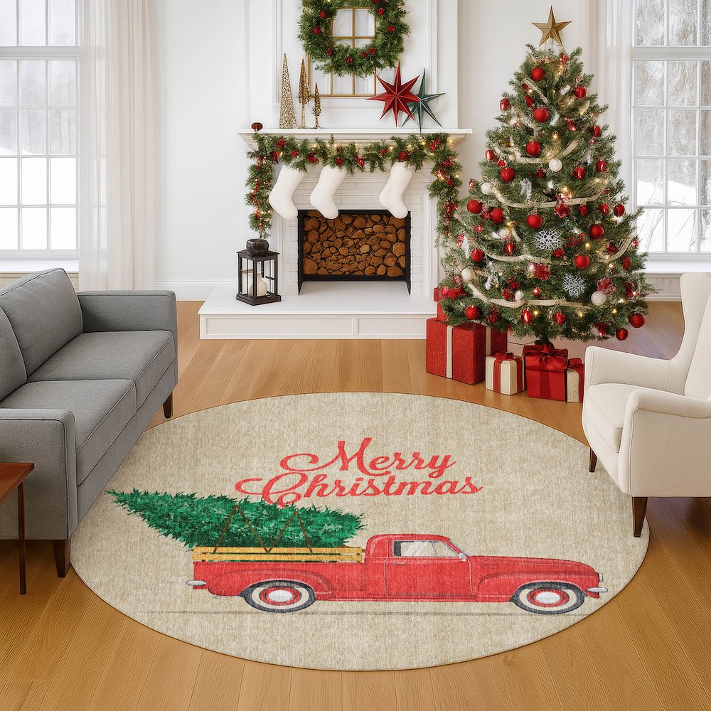 Luxury Washable Indoor/Outdoor Merry & Bright Putty 8' x 8' Round Rug