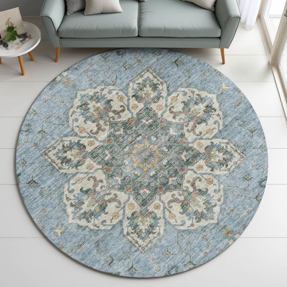 Indoor/Outdoor Silk Road Aqua 8' x 8' Round Rug