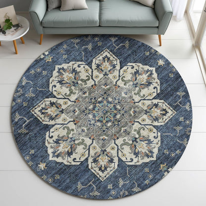 Indoor/Outdoor Silk Road Navy 8' x 8' Round Rug