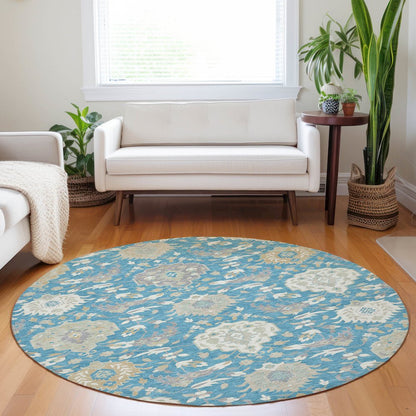 Luxury Washable Indoor/Outdoor Tabrook Blue 8' x 8' Round Rug