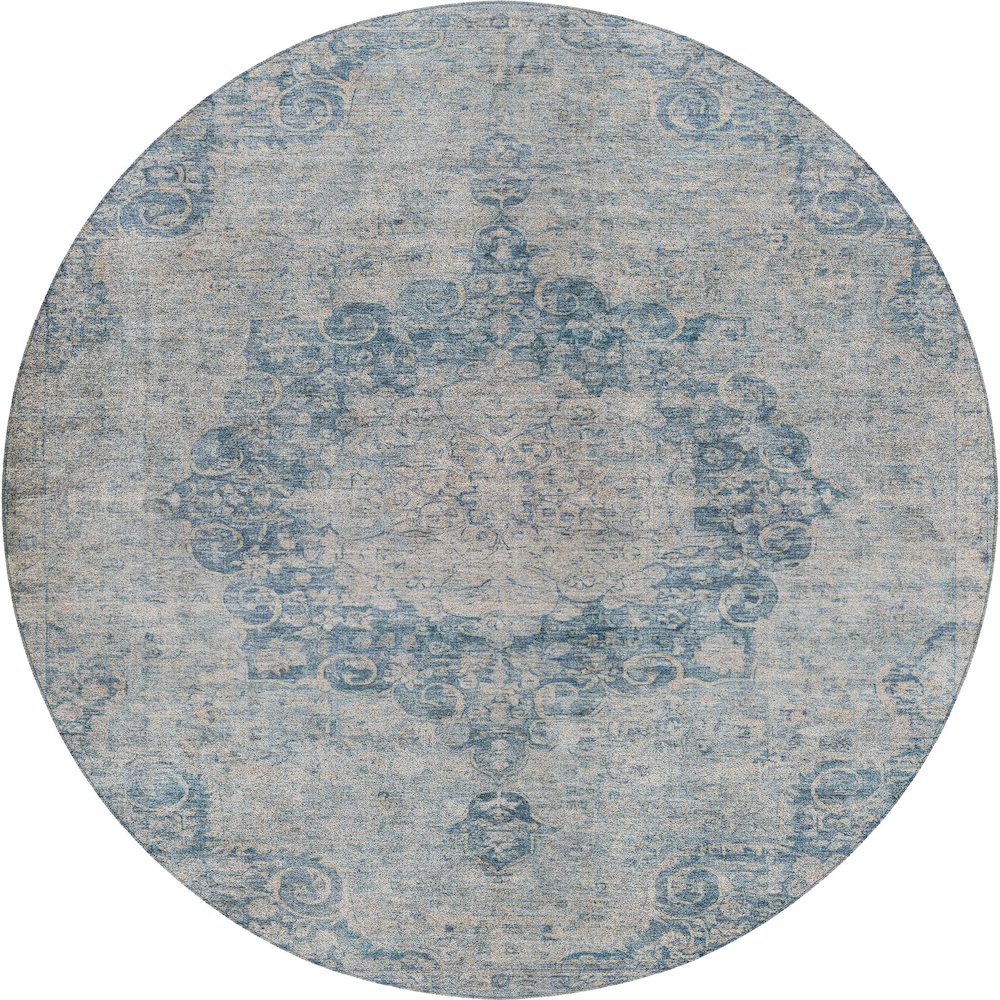 Luxury Washable Indoor/Outdoor Tabrook Blue 8' x 8' Round Rug