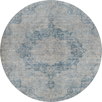 Luxury Washable Indoor/Outdoor Tabrook Blue 8' x 8' Round Rug