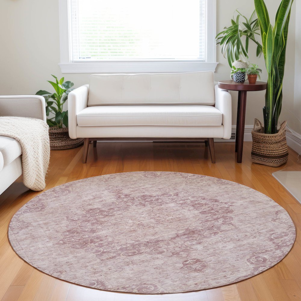 Luxury Washable Indoor/Outdoor Tabrook Pink 8' x 8' Round Rug