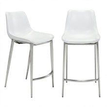 White Counter Chairs Set of 2 with Brushed Stainless Accents, Modern Design