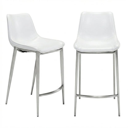 White Counter Chairs Set of 2 with Brushed Stainless Accents, Modern Design