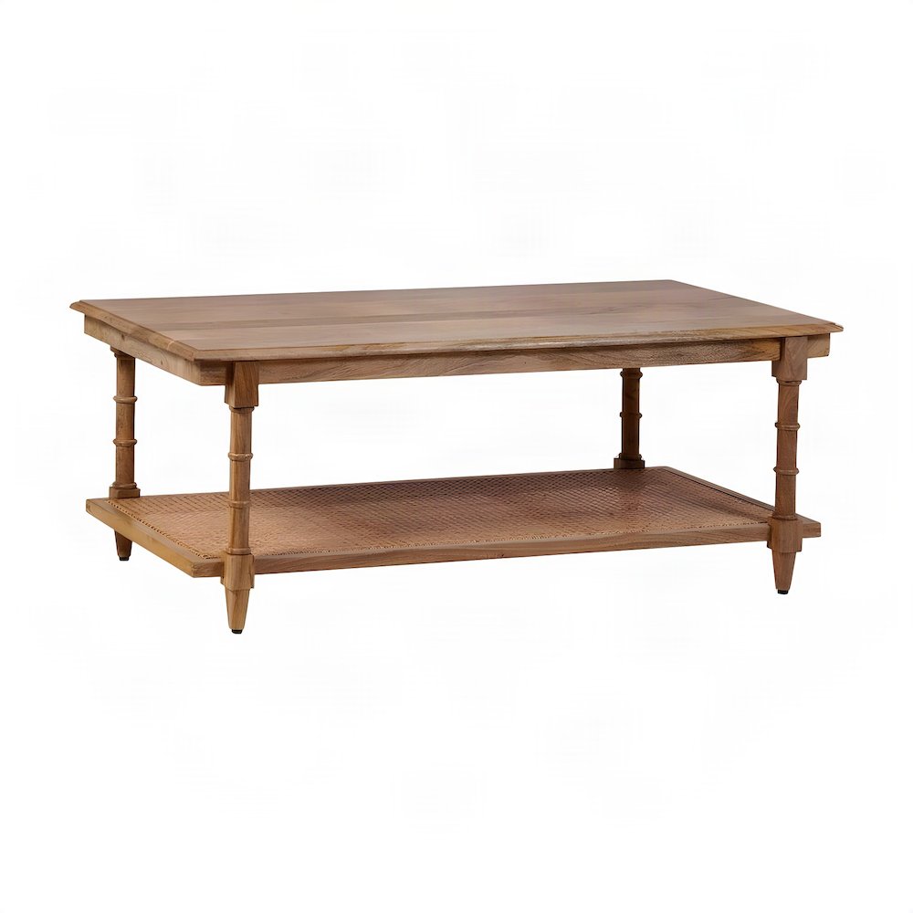 Natural Wood & Cane Coffee Table with Rectangular Design and Mango Wood Finish