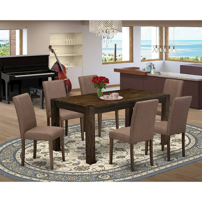 East West Furniture CNAB7-77-47 7Pc Dining Room Table Set Consists of a Rectangle Table and 6 Parson Chairs with Light Sable Color Linen Fabric, Medium Size Table with Full Back Chairs, Distressed Jac