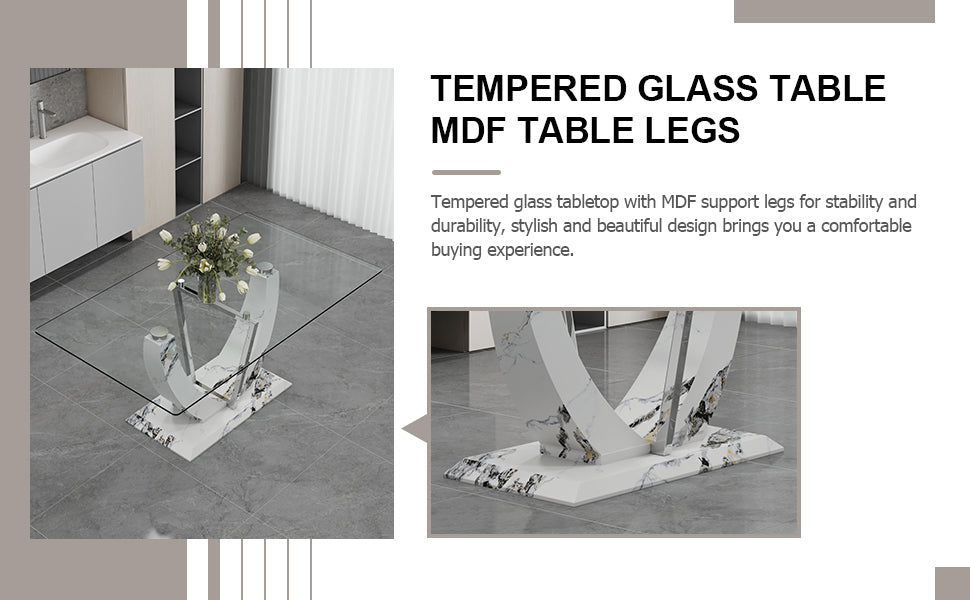 Table and chair set, large modern rectangular glass table, can accommodate 6-8 people, equipped with a 0.39-inch tempered glass tabletop and MDF table legs.Paired with comfortable and soft chairs.